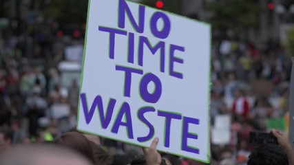 4K People protesting in the streets of Seattle during the 2019 Global Climate Strike