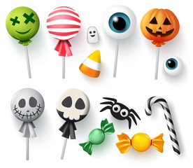 Halloween candy vector set for trick or treat. Sweets halloween candies, candy cane and lollipop in scary candy cover of pumpkin, ghost and eyeball isolated in white background. Vector illustration.