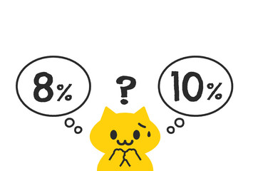 	税金・消費税・悩む・学校イメージ素材：汗をかいて困っている猫のシンプルなイラスト - 8%・10%