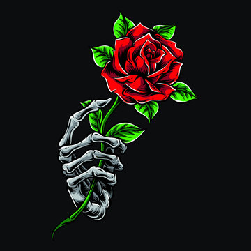 skeleton hand holding rose vector