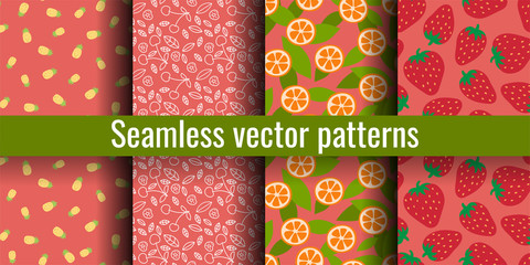 Red seamless pattern set. Pineapple, cherry, orange, strawberry. Fashion print. Design elements for textiles or clothes. Hand drawn doodle cute wallpaper. Abstract background