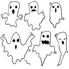 doodle Halloween ghosts with Boo scary face shape. Spooky ghost white fly fun cute evil horror silhouette for scary october holiday design or costume with cartoon style