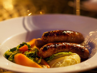Bangers and Mash at a traditional pub, London, England