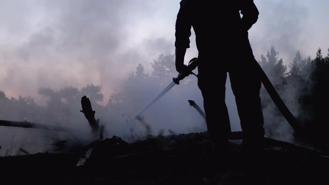 Extinguish Fire with Water by Firehose. Firefighter hold hose and put out forest campfire at evening