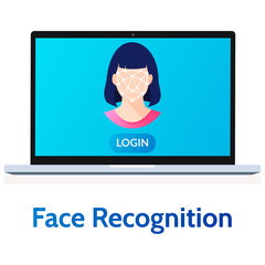 Facial Recognition Laptop System with Woman Face Flat Vector Illustration