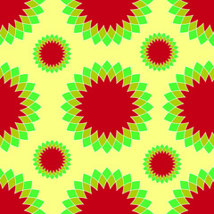 Floral repeat pattern with red and green color and with yellow background.