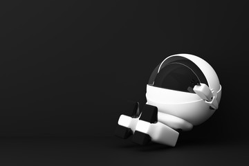 Cute white robot sitting and look up on black background. 3d rendering