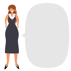 Girl in office suit with speech bubble, banner for your website, flyer, poster. Concept of education, teaching, learning online.