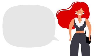 Girl in office suit with speech bubble, banner for your website, flyer, poster. Concept of education, teaching, learning online.