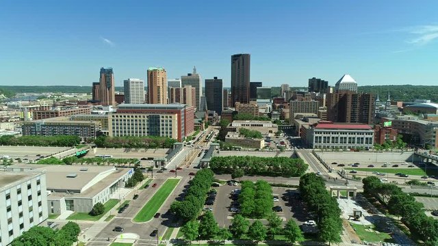 Aerial drone landscape of downtown St. Paul, Minnesota, with buildings, highway and vehicle traffic. Prores file, shot in 4K.