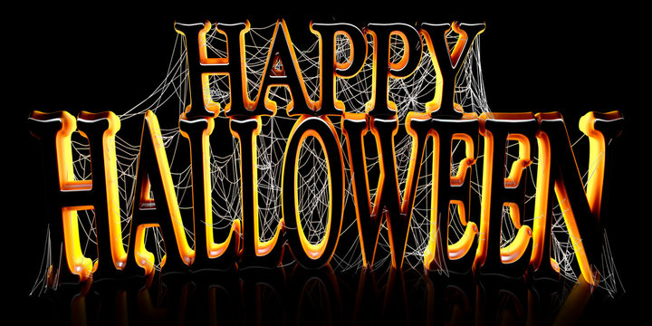 Backlit Happy Halloween text covered in spooky spider webs banner - 3d render