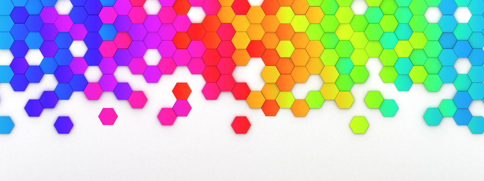 Abstract bright and colorful hexagon mosaic wallpaper or background - 3d render