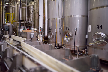 Beer conveyor belt and brewing tanks in a brewery plant