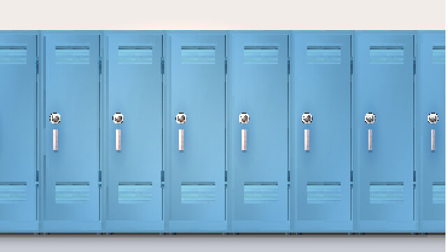 Blue cupboards with combination lock and handles. Welcome back to school. Set of realistic school locker, metal cabinets with closed doors. Vector template, 3d illustration
