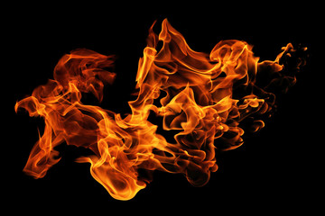 Fire flames isolated on black background, movement of fire flames