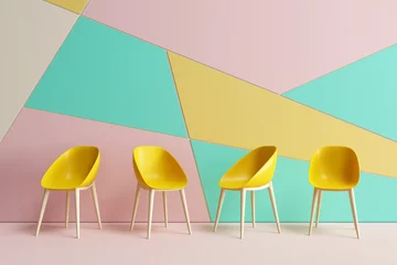 Zelfklevend Fotobehang Yellow chairs with colorful wall. 3d rendering © aanbetta