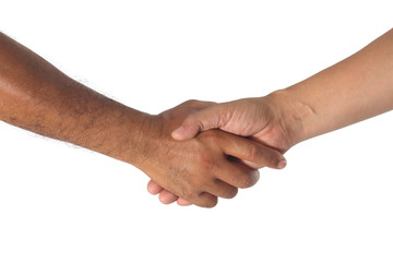 Shaking hands of two male people isolated on white
