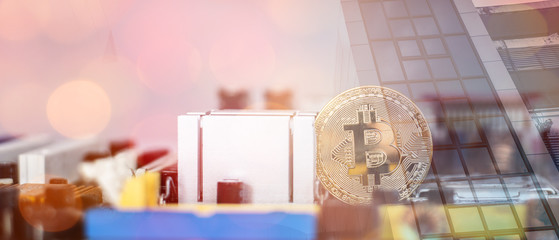 golden coin symbol bitcoin on mother board  Blockchain , cryptocurrencies , bitcoin and distributed ledger technology concept.