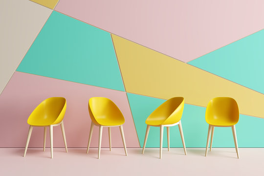 Yellow chairs with colorful wall. 3d rendering