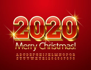 Fototapeta na wymiar Vector Luxurious Greeting Card Merry Christmas 2020. Chic 3D Font. Red and Golden Alphabet Letters and Numbers.
