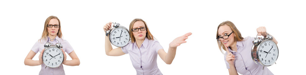 Young employee holding alarm clock isolated on white