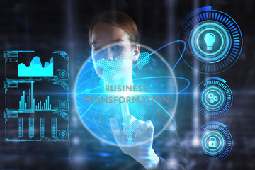 The concept of business, technology, the Internet and the network. A young entrepreneur working on a virtual screen of the future and sees the inscription: Business transformation