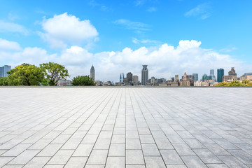 Shanghai skyline and empty square floor in city park