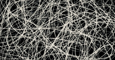 Abstract random chaotic light lines curved grunge pattern / texture in white on black background. Concept technology, digital,  modern