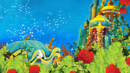 Cartoon underwater sea or ocean scene with castle - illustration