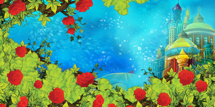 Cartoon underwater sea or ocean scene with castle - illustration