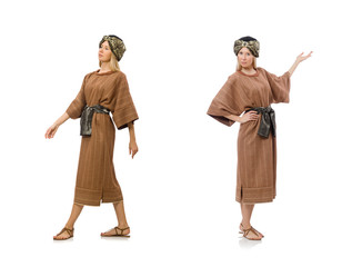 Woman wearing medieval arab clothing on white