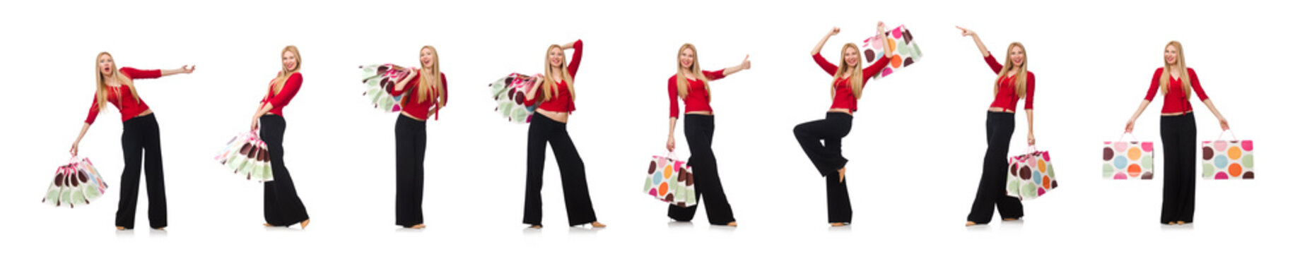 Young woman in flared pants isolated on white