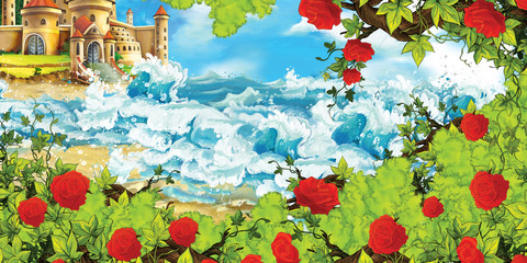 Fototapeta na wymiar cartoon scene of beautiful castle by the beach and ocean or sea