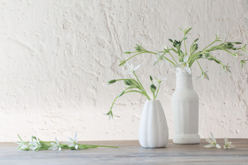 white flowers in vase on background old white wall