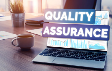 Quality Assurance and Quality Control Concept - Modern graphic interface showing certified standard...