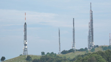 Group of towers for telecommunications, television broadcast, cellphone, radio and satellite on...