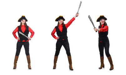 Female pirate holding sword isolated on white