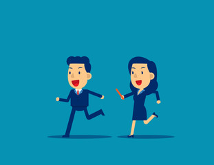 Passing baton to colleague in relay race. Business office teamwork concept, Cute flat cartoon character style design.