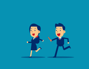 Passing baton to colleague in relay race. Business office teamwork concept, Cute flat cartoon character style design.