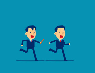 Passing baton to colleague in relay race. Business office teamwork concept, Cute flat cartoon character style design.
