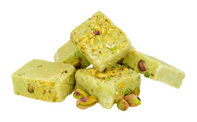 Group of pistachio nut fudge isolated on a white background