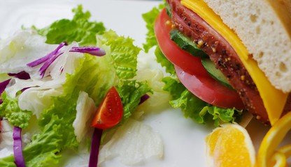 Corned beef slice in submarine sandwich with cheese, cucumber, tomato and lettuce salad on white plate