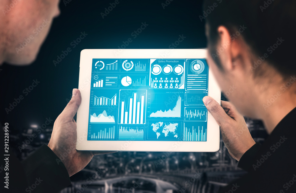 Poster big data technology for business finance analytic concept. modern graphic interface shows massive in