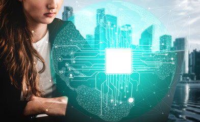 AI Learning and Artificial Intelligence Concept - Icon Graphic Interface showing computer, machine...
