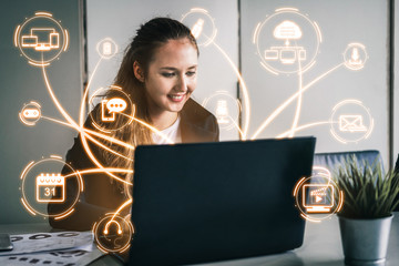 Multimedia and Computer Applications Concept. Business people using technology of digital gadget with modern graphic interface showing social, shopping, camera and multimedia application on device.