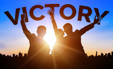 Achievement and Business Goal Success Concept - Creative business people with icon graphic...