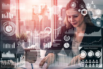 Big Data Technology for Business Finance Analytic Concept. Modern graphic interface shows massive...