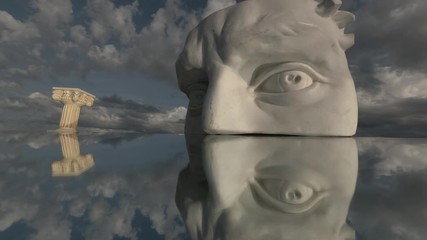 Plaster cast head fragment with eyes for drawing on mirror and clouds motion, timelapse