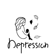 Advertising children's black line coloring banner with word depression. Cute sad little girl. Depressed emotional state. Hand-drawn quick sketch. Baby needs help. Vector cartoon style.