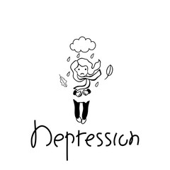 Advertising children's black line coloring banner with word depression. Cute sad little girl. Depressed emotional state. Hand-drawn quick sketch. Baby needs help. Vector cartoon style.